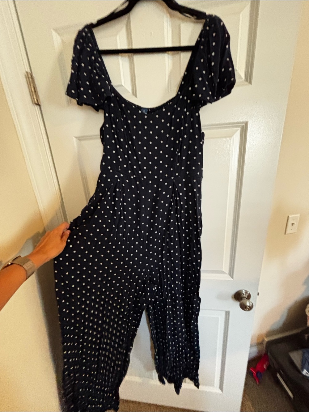 Old Navy Navy Blue Polka Dot Short-Sleeve Jumpsuit